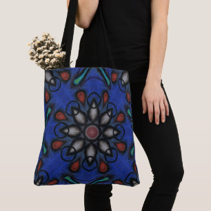 Blauer Kaleidoskop-Mandala mit roten und grauen Ak Tasche