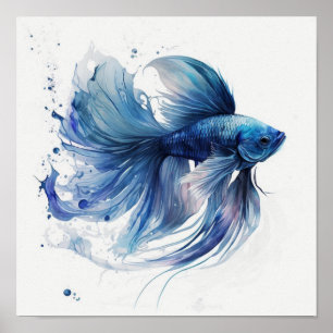 Blauer Kampffisch mit fließenden Wasserfarbenfloss Poster