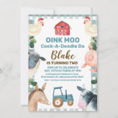 Blauer Karierter Betrieb und Traktor zum Geburtsta Einladung (Vorderseite)