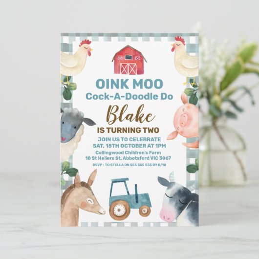 Blauer Karierter Betrieb und Traktor zum Geburtsta Einladung (Stehend Vorderseite)