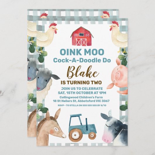 Blauer Karierter Betrieb und Traktor zum Geburtsta Einladung (Vorne/Hinten)