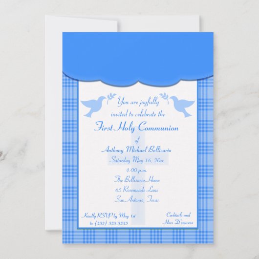 Blauer karierter Erste Heilige Kommune Einladung (Vorderseite)