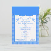 Blauer karierter Erste Heilige Kommune Einladung (Stehend Vorderseite)