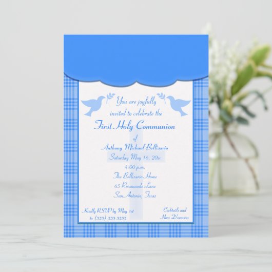 Blauer karierter Erste Heilige Kommune Einladung (Stehend Vorderseite)