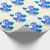 BLAUER KARIERTER erster Geburtstags-individueller Geschenkpapier (Ecke)