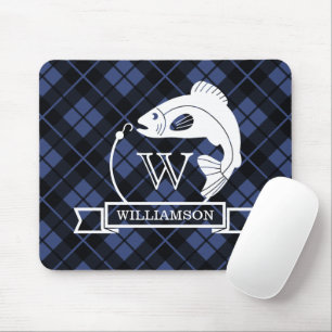 Blauer Karierter Fisch und Haken Monogramm Mousepad