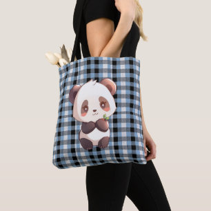 Blauer Karierter Panda Tasche
