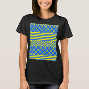 Blauer Karo Gelber Boho Streifen Muster T-Shirt