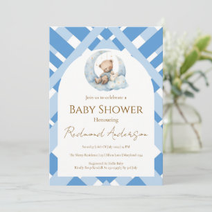 Blauer Karo Junge Baby Shower Bär Einladung