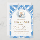 Blauer Karo Junge Baby Shower Bär Einladung (Vorderseite)