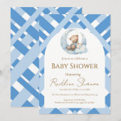Blauer Karo Junge Baby Shower Bär Einladung (Vorne/Hinten)