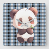 Blauer Karo-Panda Quadratische Wanduhr (Vorderseite)