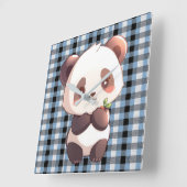 Blauer Karo-Panda Quadratische Wanduhr (Winkel)