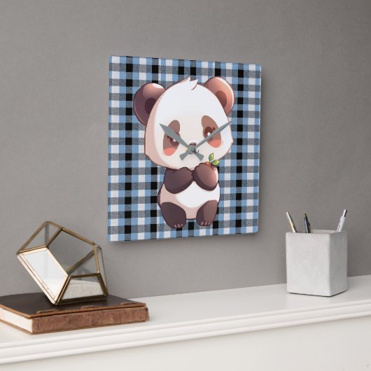Blauer Karo-Panda Quadratische Wanduhr (Büro)
