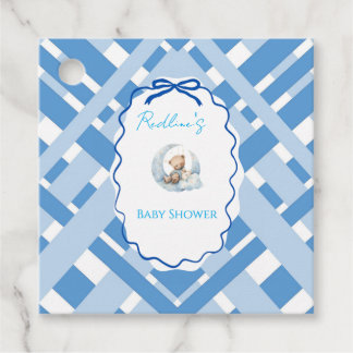 Blauer Karo-Teddybär und Band-Junge-Baby-Party Geschenkanhänger