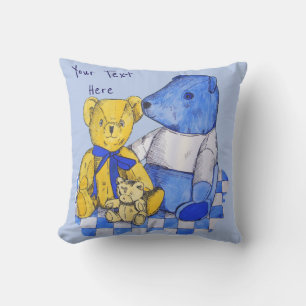 blauer Karopicknickstoff mit drei alten Teddies Kissen