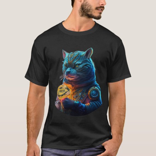 Blauer Katze Astronaut hält Glühmodul T-Shirt (Vorderseite)