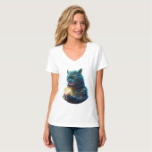 Blauer Katze Astronaut hält Glühmodul T-Shirt (Vorderseite Vollansicht)