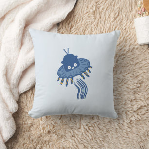 Blauer Kawaii-Oktopus-UFO zweiseitig Kissen