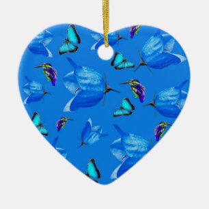 Blauer Kingfisher Schmetterlinge und Glocken-Blume Keramikornament