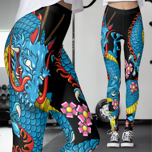Blauer Kirschblüten-Drachen-Tattoo in Schwarz Leggings