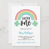 Blauer Klee und Regenbogen Lucky Eins Geburtstag Einladung (Vorderseite)