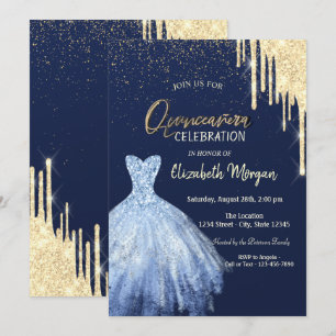 Blauer Kleid Gold Glitter-Tropfen Quinceañera  Einladung
