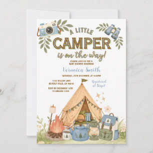Blauer kleiner Camper ist auf dem Weg Junge Baby S Einladung