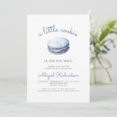 Blauer Kleiner Cookie Macaron QR Code Junge Baby S Einladung (Stehend Vorderseite)