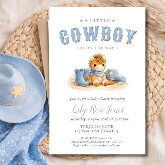 Blauer kleiner Cowboy-Aquarell-Baby-Empfangsparty Flyer
