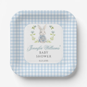 Blauer kleiner Häschen-Junge-Gingham-Boho-Baby-Par Pappteller