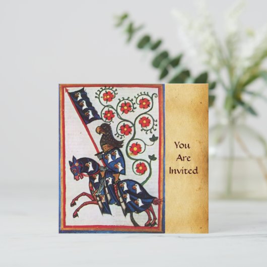 BLAUER KNIGHT AUF DEM HORSEBACK MEDIEVAL PARCHING EINLADUNG (Stehend Vorderseite)