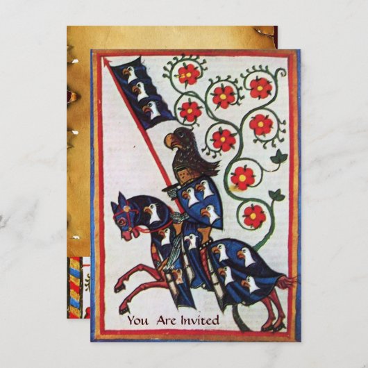 BLAUER KNIGHT AUF DEM HORSEBACK MEDIEVAL PARCHING EINLADUNG (Vorne/Hinten)