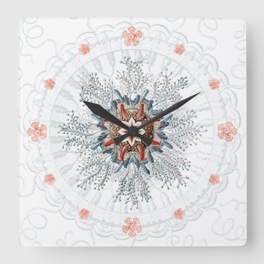 Blauer Knopf Qualle und Seestern Wall Clock Quadratische Wanduhr (Vorderseite)