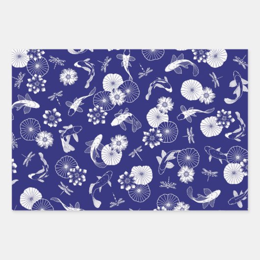 Blauer Koi-Fisch im Lotus-Teich-Muster Geschenkpapier Set (Vorderseite 3)