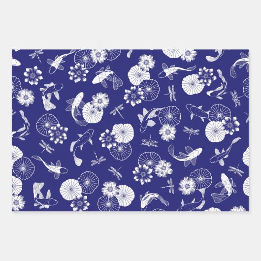 Blauer Koi-Fisch im Lotus-Teich-Muster Geschenkpapier Set (Vorderseite)