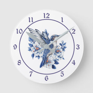 Blauer Kolibri Blumenmuster Runde Wanduhr