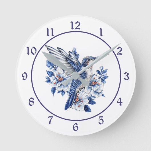Blauer Kolibri Blumenmuster Runde Wanduhr (Vorderseite)