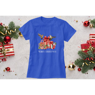 Blauer Kolibri-Weihnachts-T-Shirt mit Geschenkscha T-Shirt