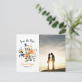 Blauer Korallenpfirsich Hochzeit speichern Datum Ankündigungspostkarte (Stehend Vorderseite)