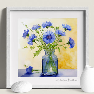 Blauer Kornblume Stapelknopf Wasserfarbe Druck Poster