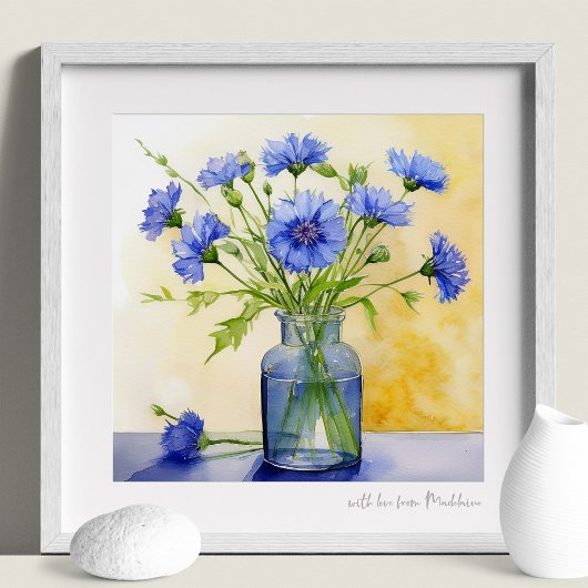 Blauer Kornblume Stapelknopf Wasserfarbe Druck Poster