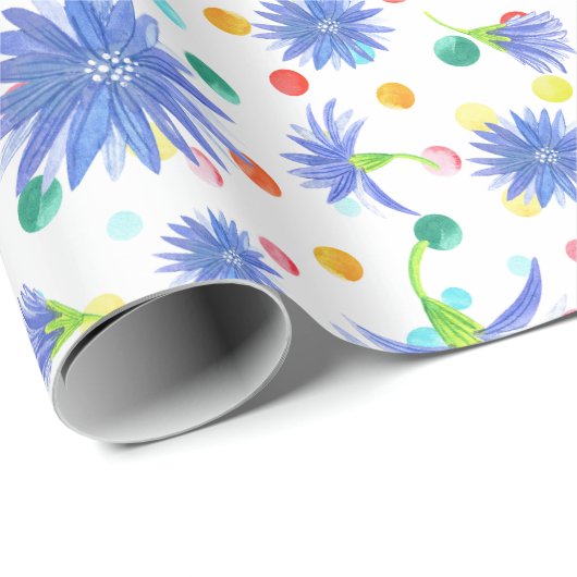 Blauer Kornblumen Multicfarbene Punkte Ostern Geschenkpapier (Rolleneckpunkt)