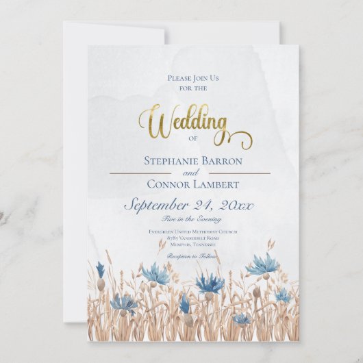 Blauer Kornblumen und Weizenfeld mit blauer Einlad Einladung (Vorderseite)