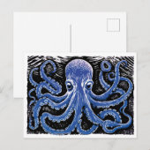 Blauer Kraken Linocut im Ozean Postkarte (Vorne/Hinten)