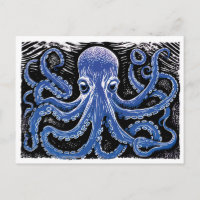 Blauer Kraken Linocut im Ozean