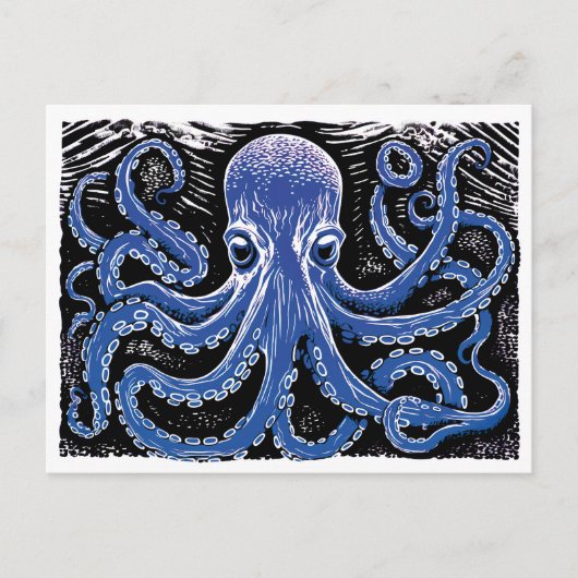 Blauer Kraken Linocut im Ozean Postkarte (Vorderseite)
