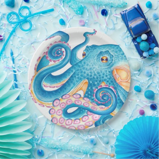 Blauer Kraken Orange Pink Wasserfarbe Pappteller (Party)