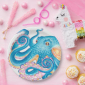 Blauer Kraken Orange Pink Wasserfarbe Pappteller (Party)