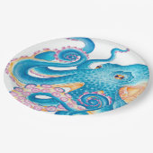 Blauer Kraken Orange Pink Wasserfarbe Pappteller (Schrägansicht)